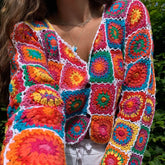 Vintage Cropped Button Up Multicolored Crochet Granny Square Cardigan